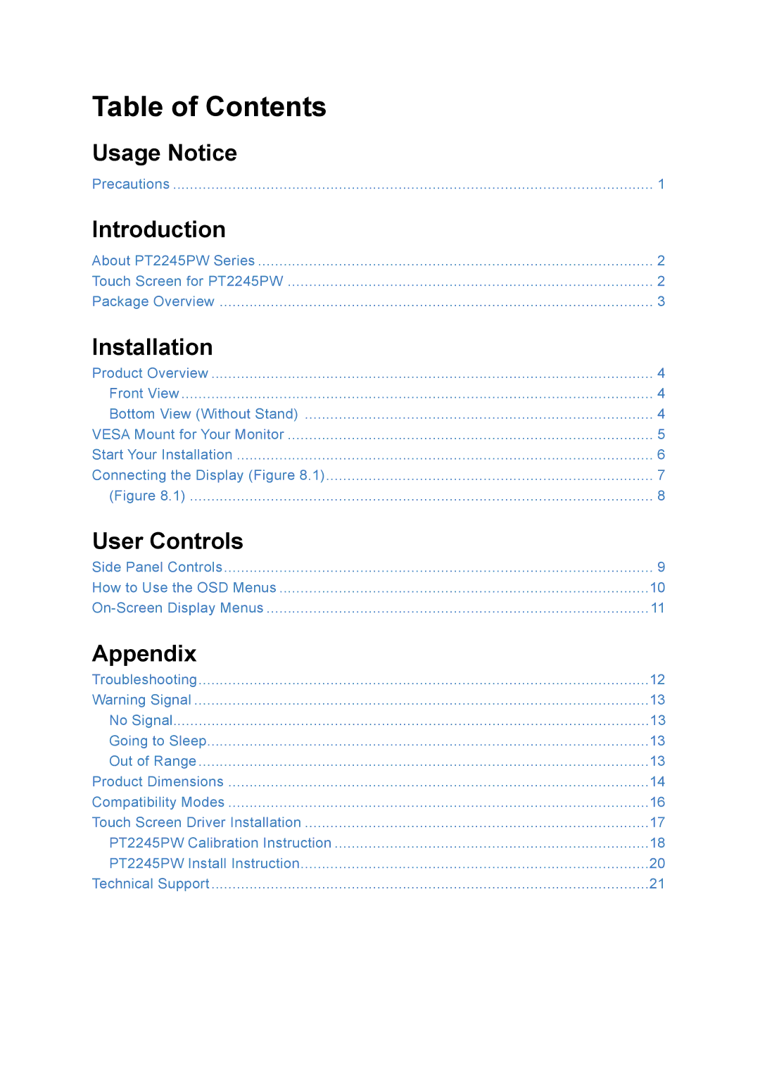 Planar PT2245PW manual Table of Contents 