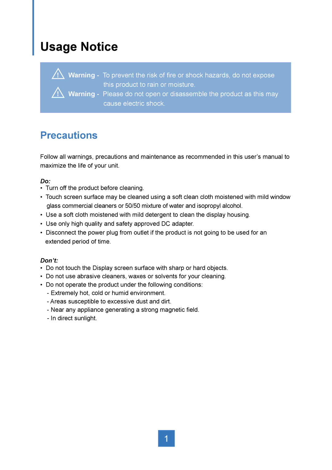 Planar PT2245PW manual Usage Notice, Precautions 