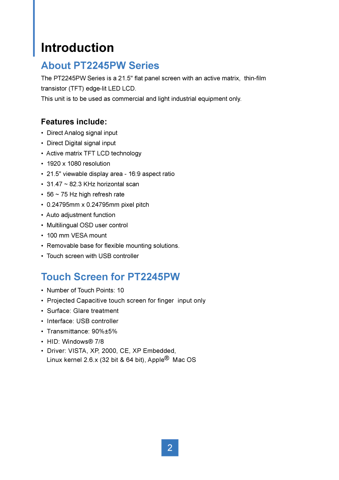 Planar manual Introduction, About PT2245PW Series, Touch Screen for PT2245PW, Features include 