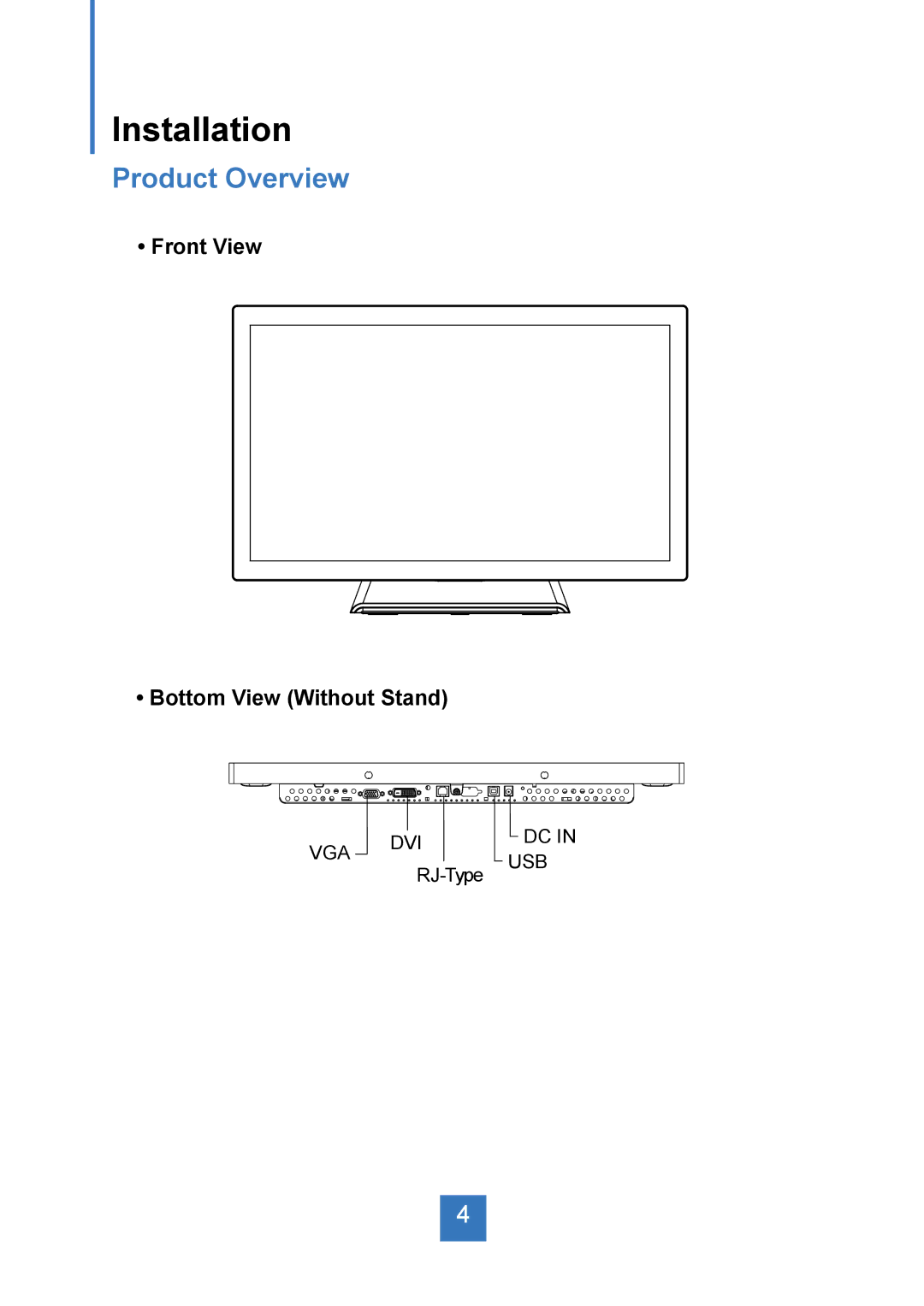 Planar PT2245PW manual Installation, Product Overview, Front View Bottom View Without Stand 