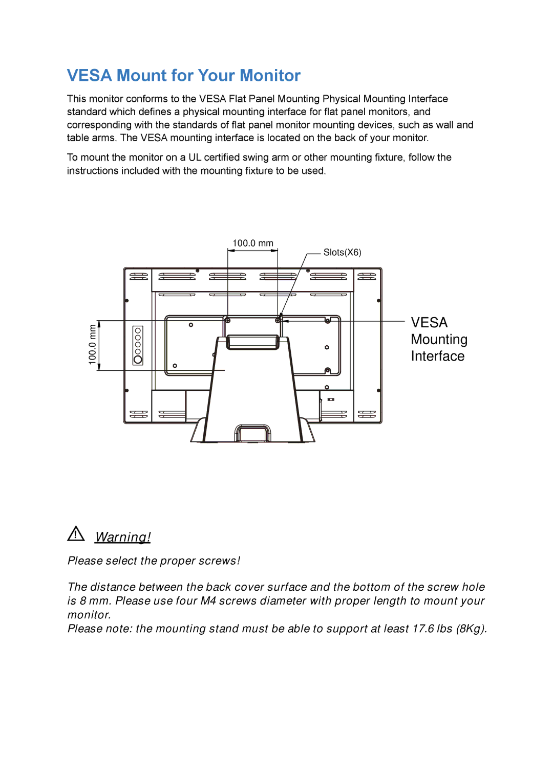 Planar PT2245PW manual Vesa Mount for Your Monitor 