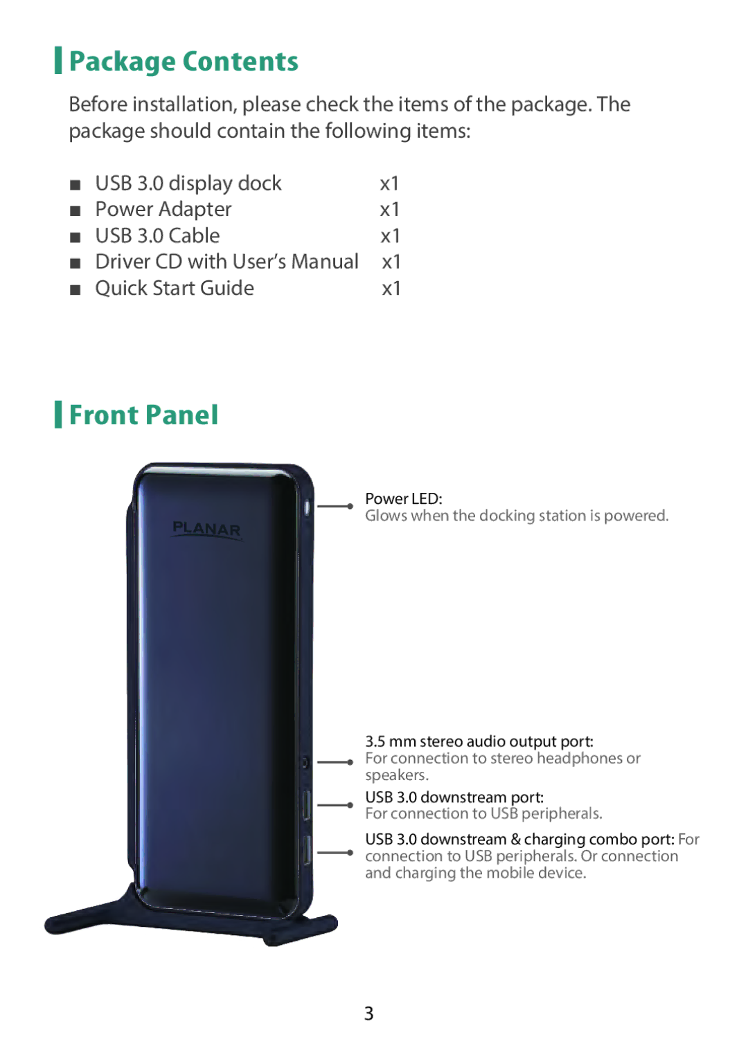 Planar PUD3200 user manual Package Contents, Front Panel 