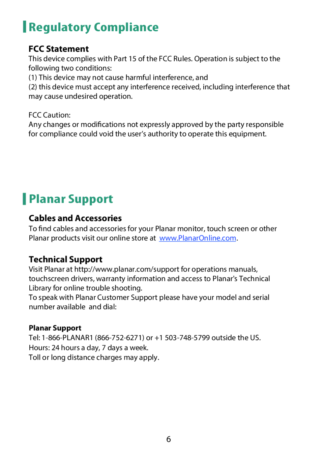 Planar PUD3200 user manual Regulatory Compliance, Planar Support 