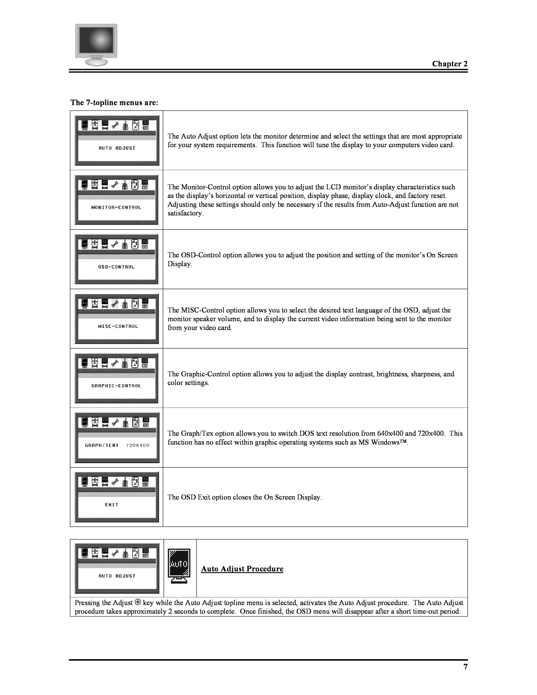 Planar PV150 manual Chapter The 7-topline menus are, Auto Adjust Procedure 