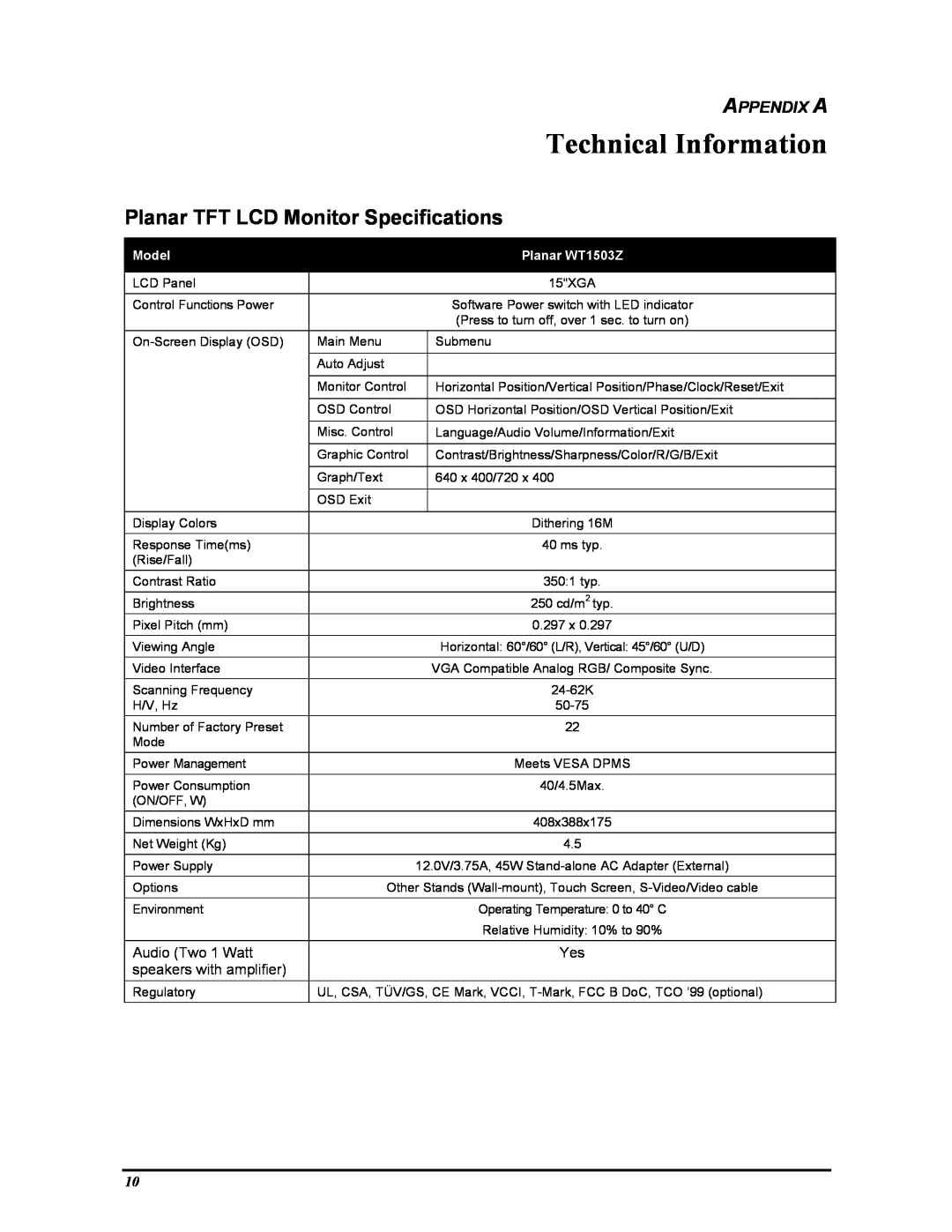 Planar PV150 manual Technical Information, Planar TFT LCD Monitor Specifications, Appendix A, Model, Planar WT1503Z 