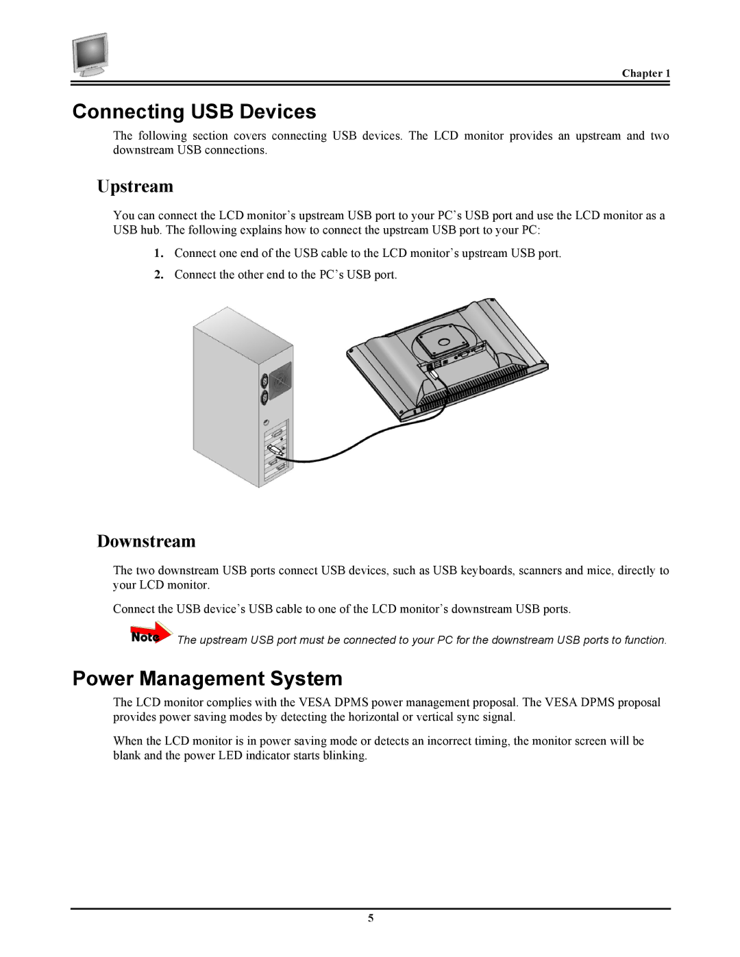 Planar PV174 manual Connecting USB Devices, Power Management System, Upstream, Downstream 