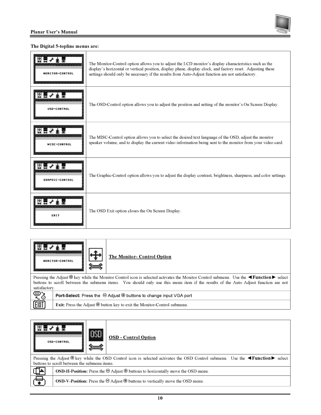 Planar PV174 manual Planar User’s Manual Digital 5-topline menus are 