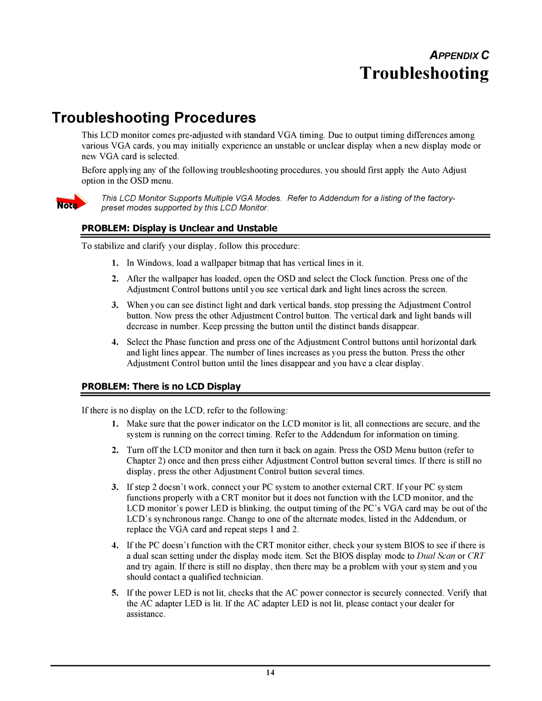 Planar PV174 manual Troubleshooting Procedures 