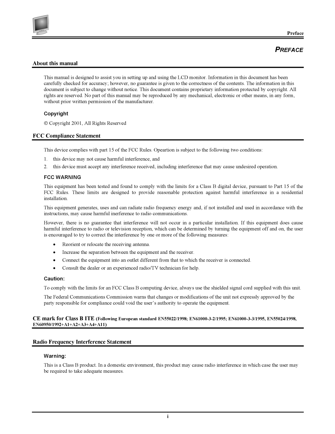 Planar PV174 About this manual, FCC Compliance Statement, Radio Frequency Interference Statement, Preface 