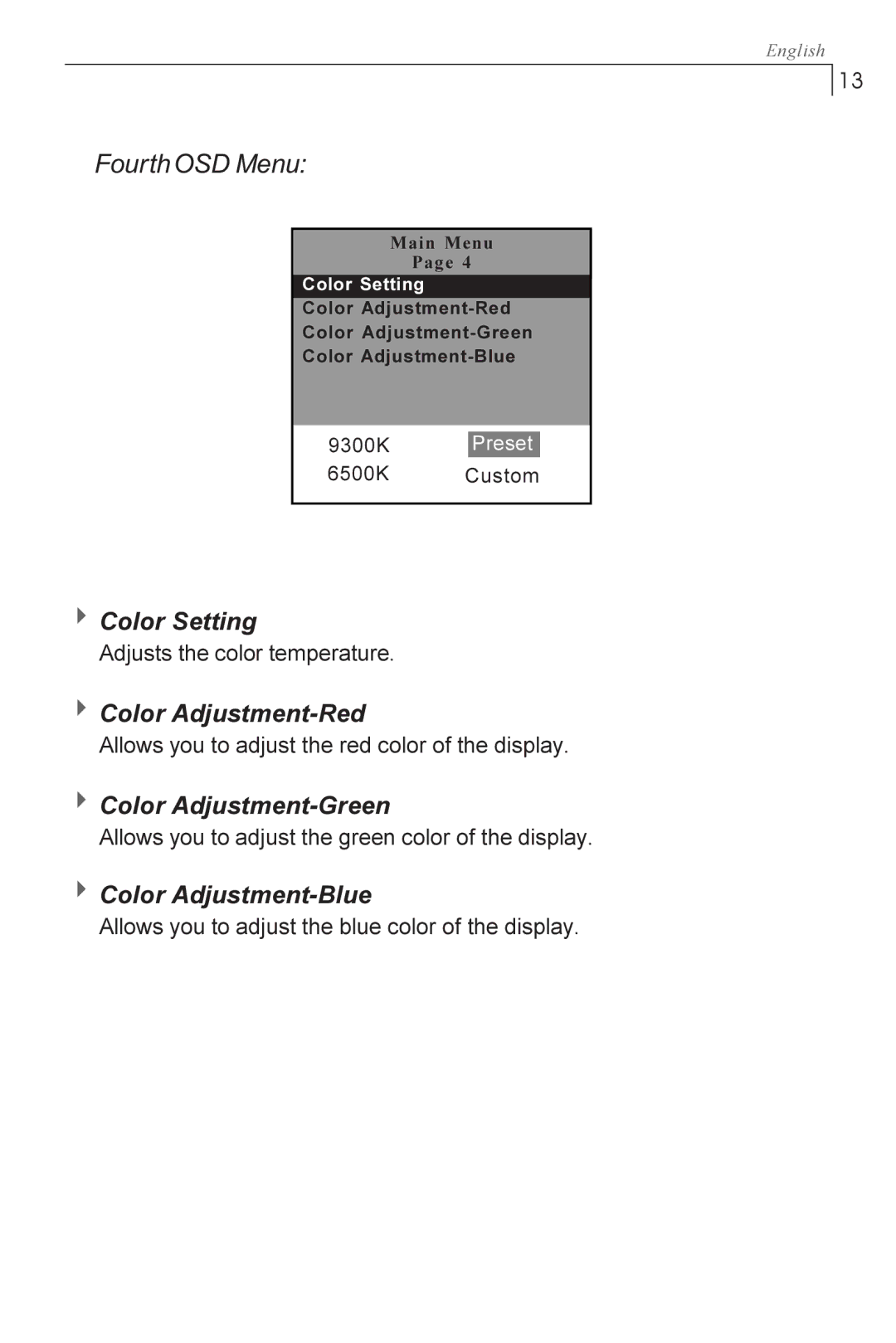 Planar PX1710M manual Fourth OSD Menu, 4Color Setting, Color Adjustment-Red, Color Adjustment-Green, Color Adjustment-Blue 