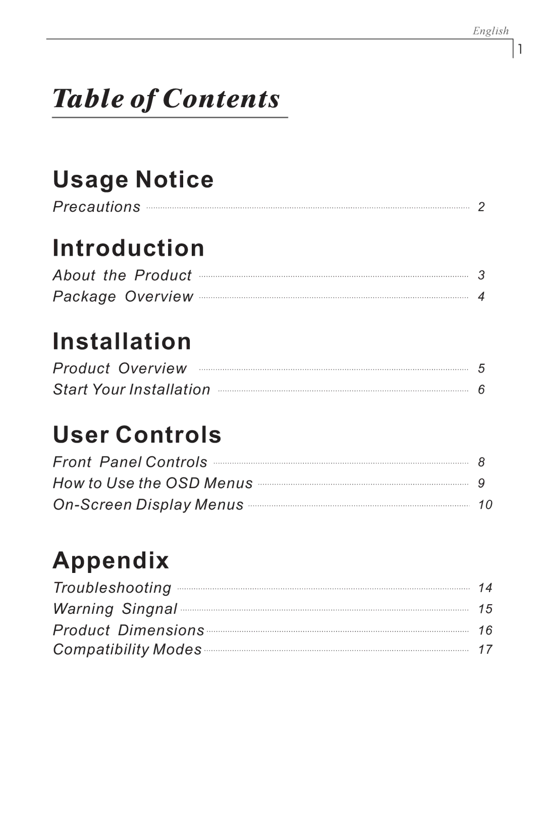 Planar PX1710M manual Table of Contents 