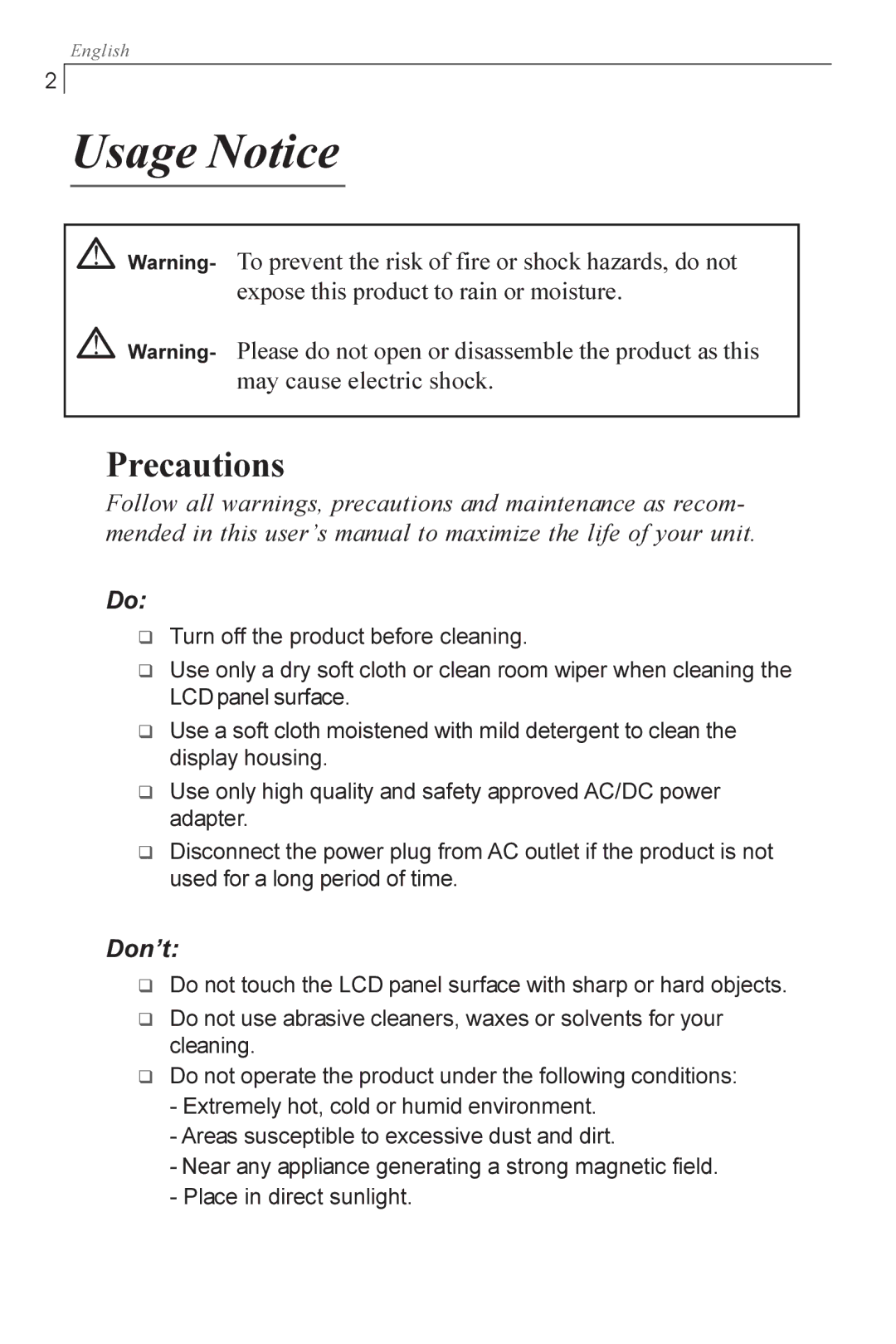 Planar PX1710M manual Usage Notice, Precautions, Don’t 