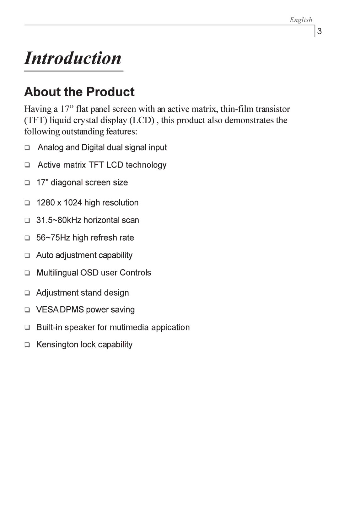 Planar PX1710M manual Active matrix TFT LCD technology 