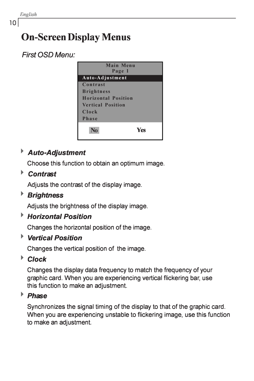 Planar PX1710M manual On-ScreenDisplay Menus, First OSD Menu 
