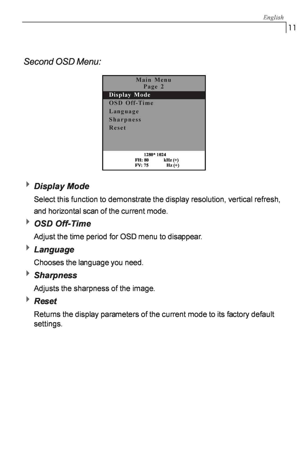 Planar PX1710M manual Second OSD Menu, 4Display Mode, OSD Off-Time, Language, Sharpness, Reset 