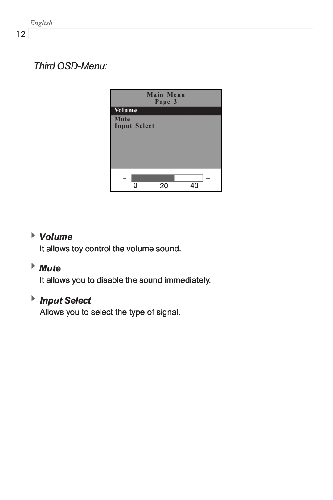 Planar PX1710M manual Third OSD-Menu, Volume, English, Main Menu Page, Mute Input Select 