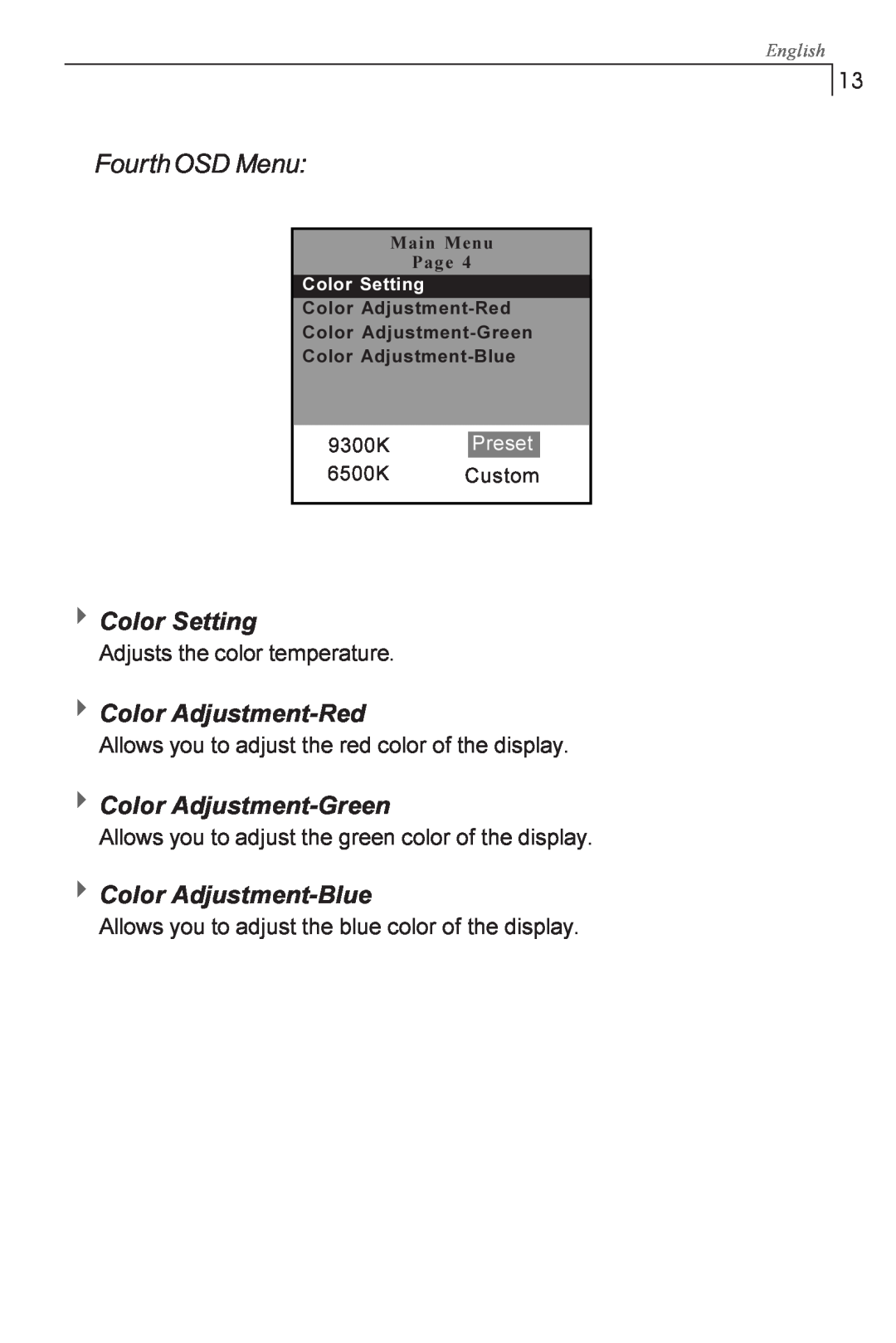 Planar PX1710M manual Fourth OSD Menu, 9300K, Preset, 6500K, Custom, English, Main Menu Page, Color Setting 