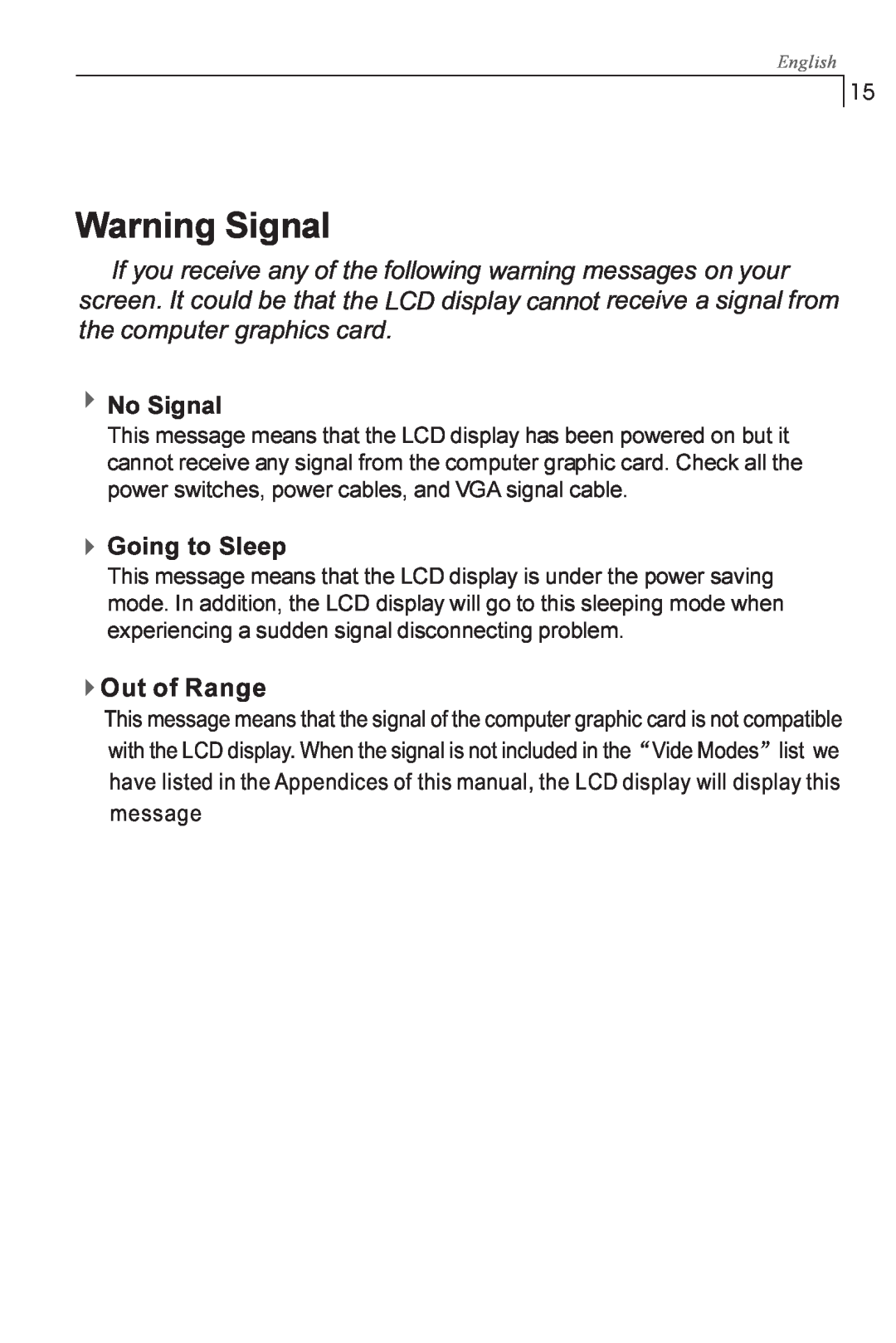 Planar PX1710M manual Warning Signal, 4Out of Range 