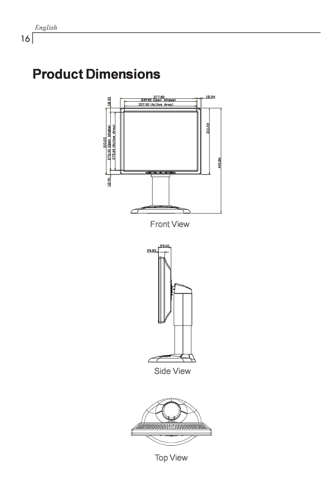 Planar PX1710M manual Product Dimensions, Front View Side View, Top View, English 