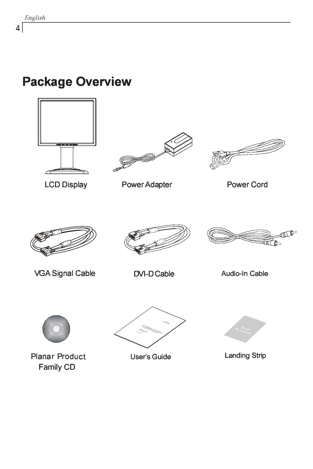 Planar PX1710M manual Package Overview, Family CD, User’s Guide, English, Audio-In Cable, Landing Strip 