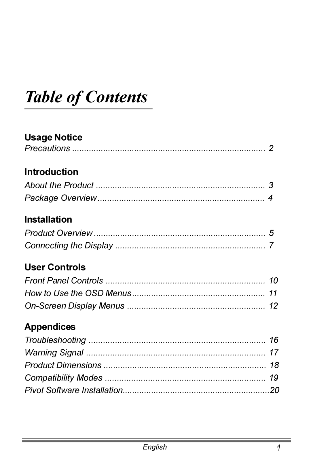 Planar PX171M manual Table of Contents 