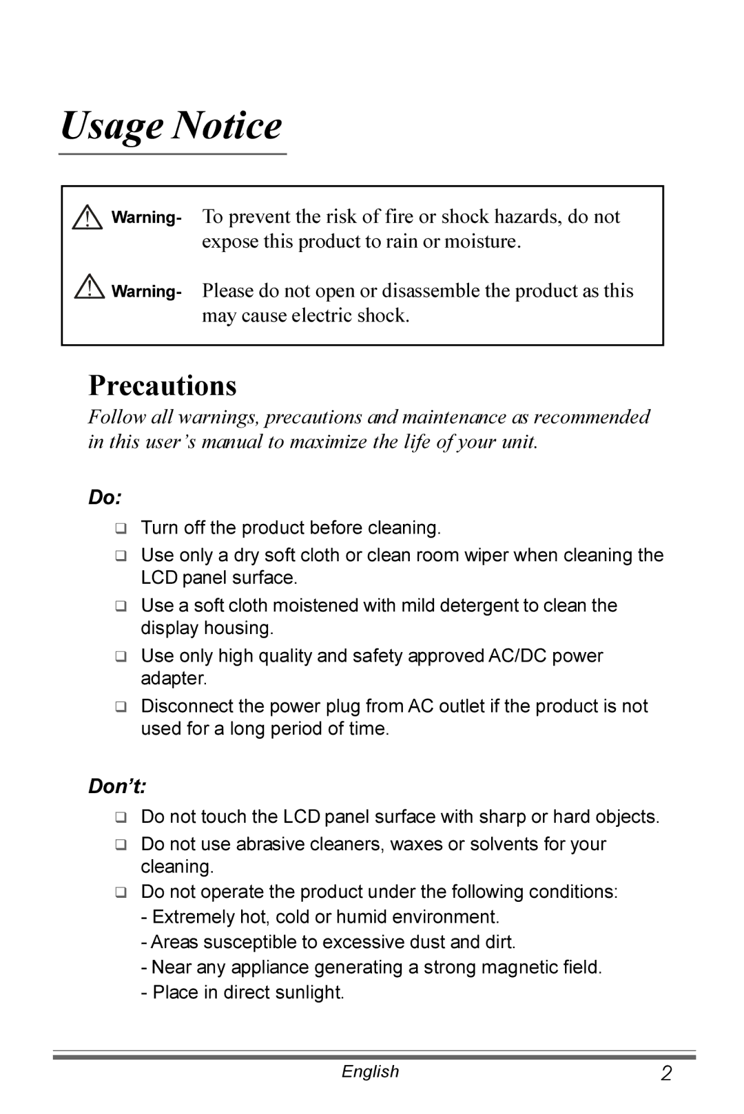 Planar PX191 manual Usage Notice, Precautions, Don’t 