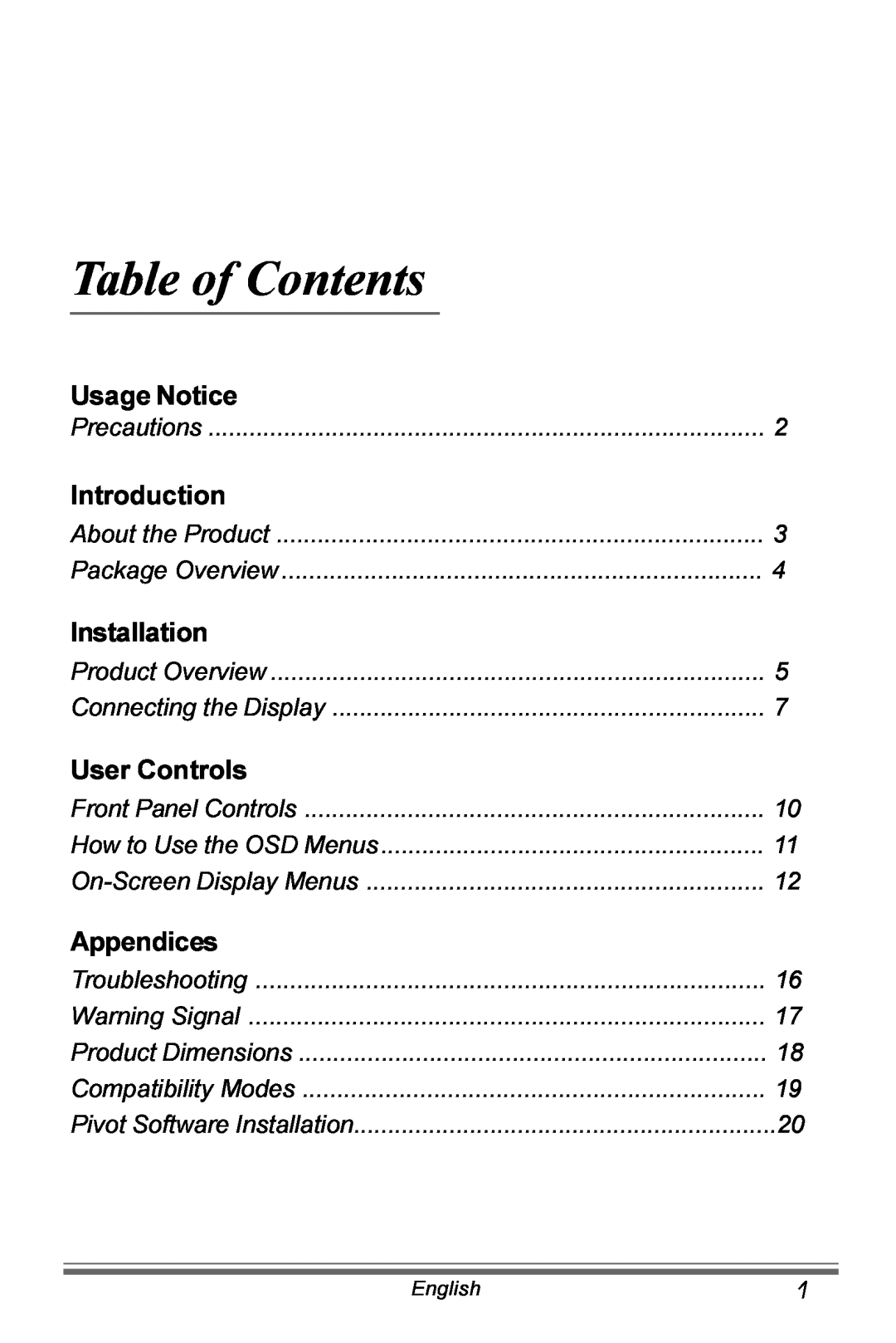 Planar PX191 manual Table of Contents, Usage Notice, Introduction, Installation, User Controls, Appendices 