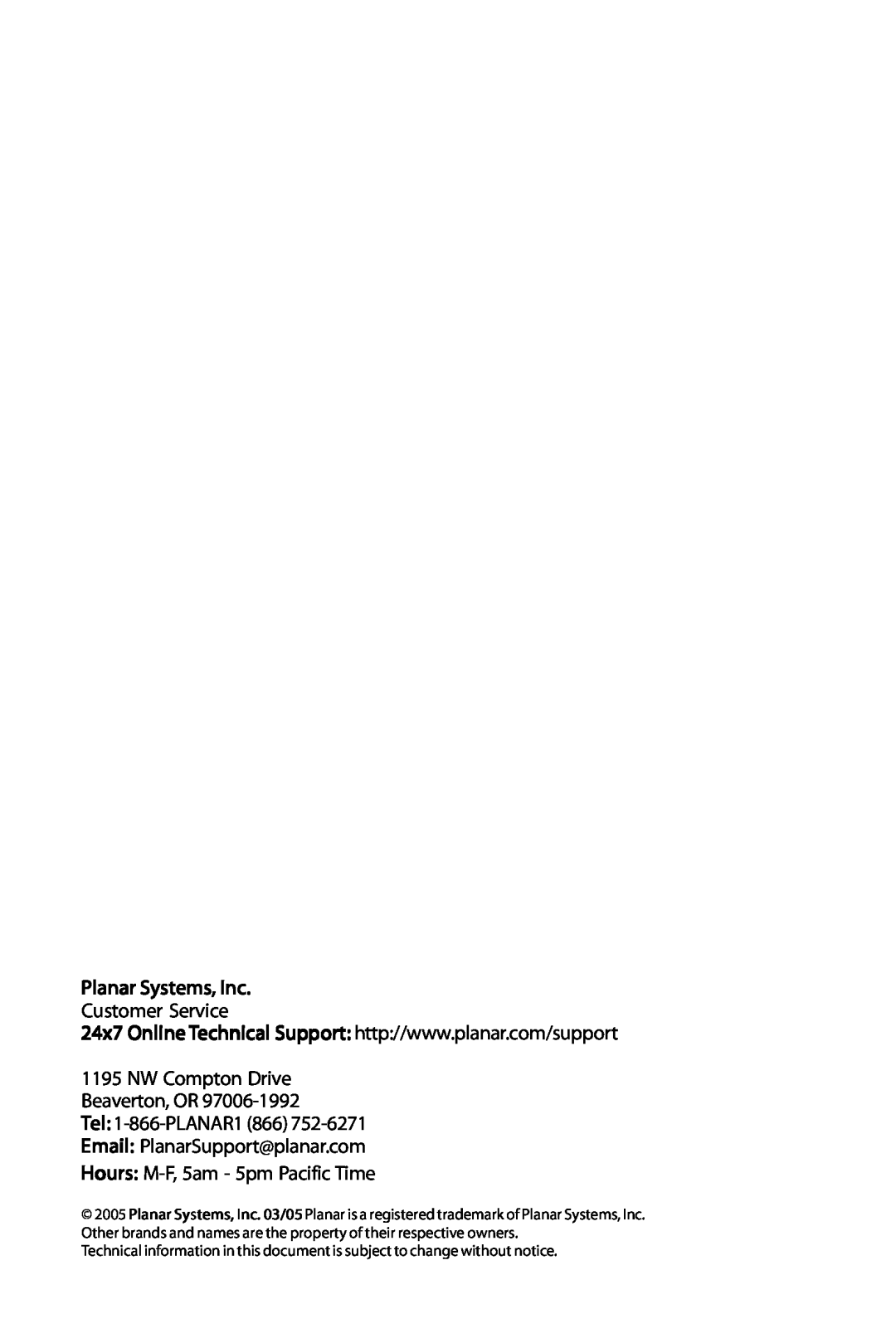 Planar PX191 manual Planar Systems, Inc, Customer Service, NW Compton Drive Beaverton, OR Tel 1-866-PLANAR1 866 
