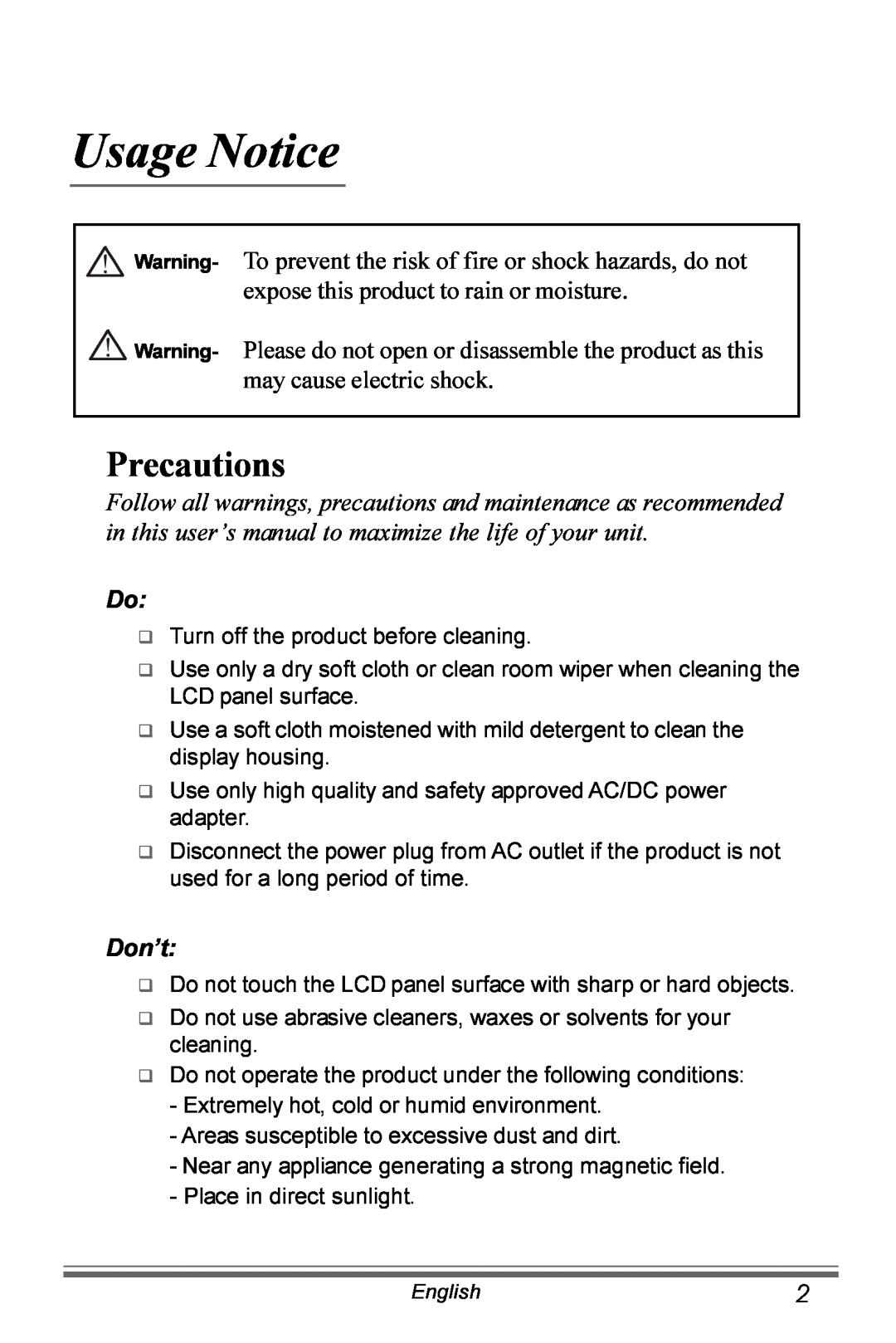 Planar PX191 manual Usage Notice, Precautions 