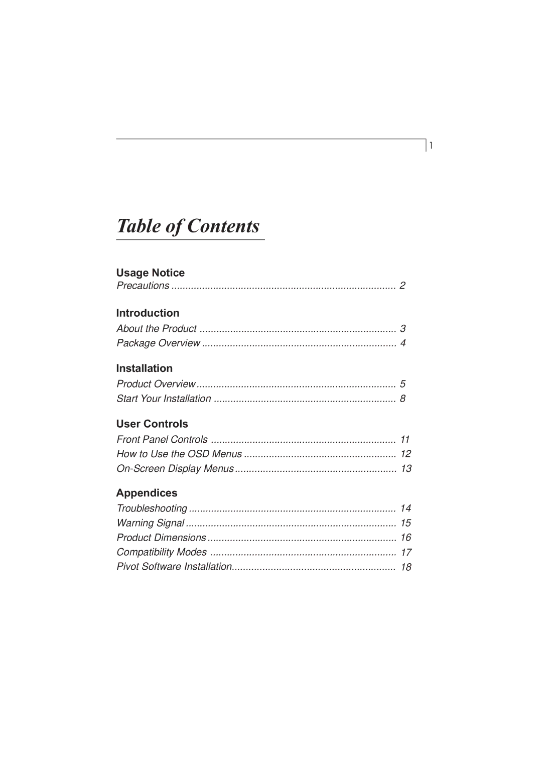 Planar PX212M manual Table of Contents 