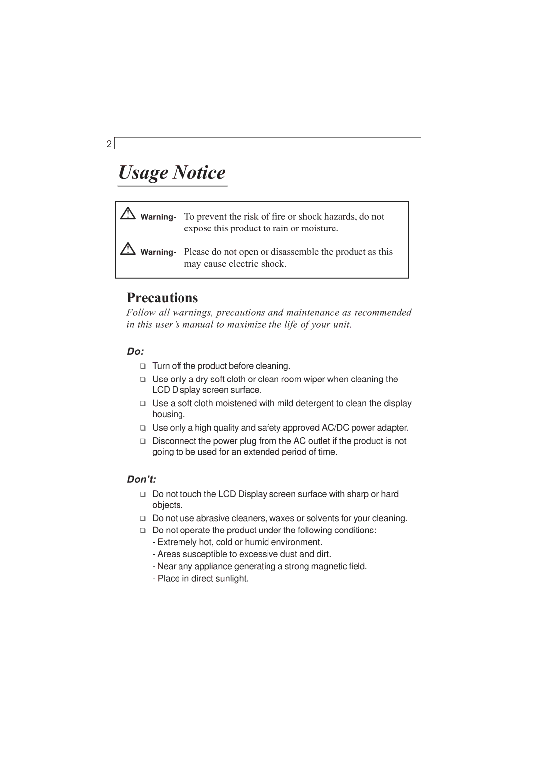 Planar PX212M manual Usage Notice, Precautions 