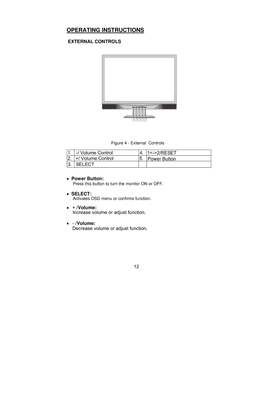 Planar PX2210MW manual Operating Instructions, External Controls, Select 