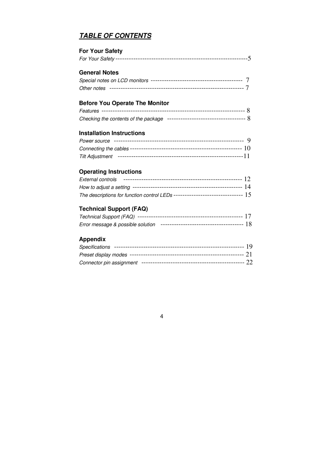 Planar PX2210MW manual Table of Contents 