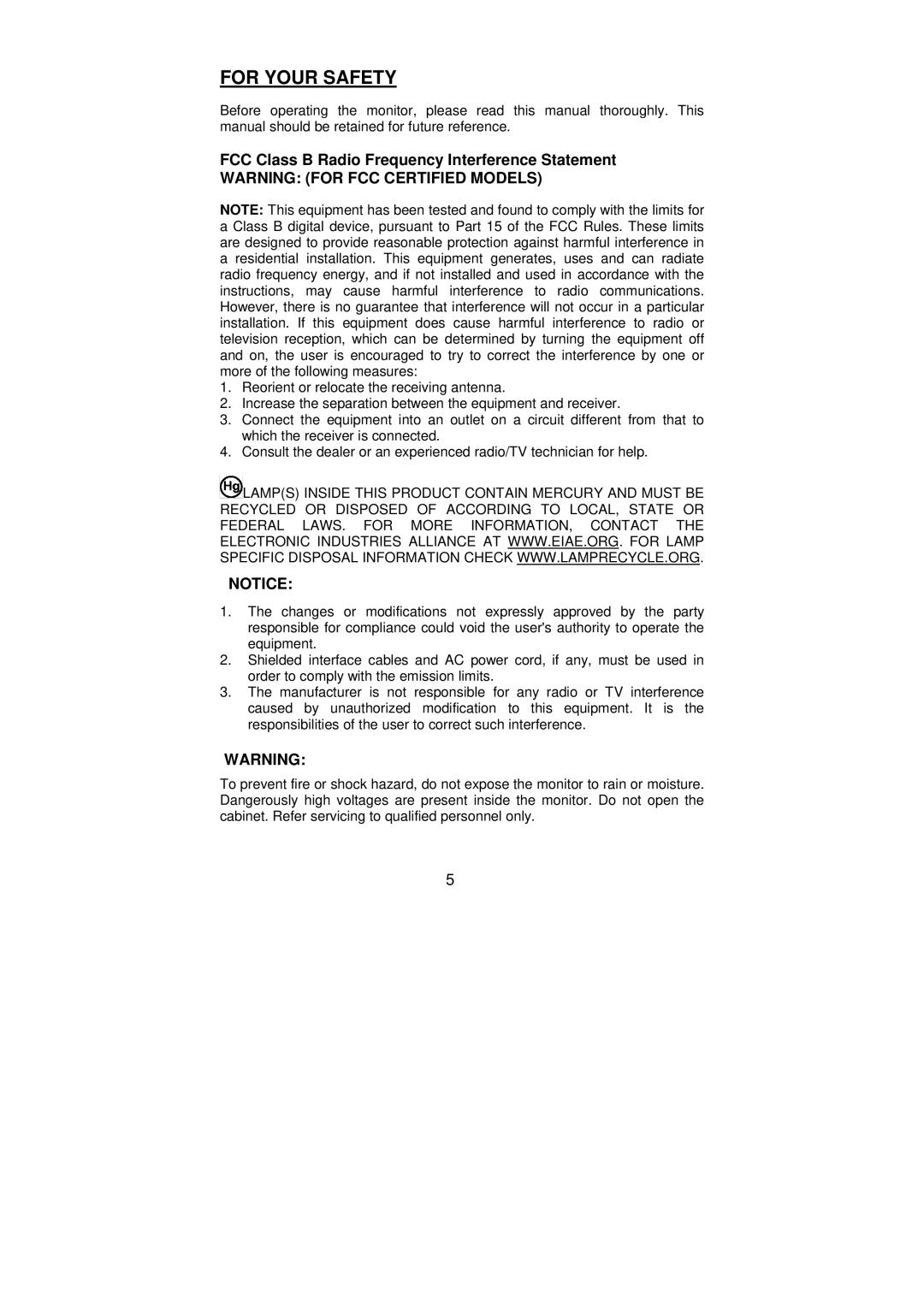 Planar PX2210MW manual For Your Safety, FCC Class B Radio Frequency Interference Statement 