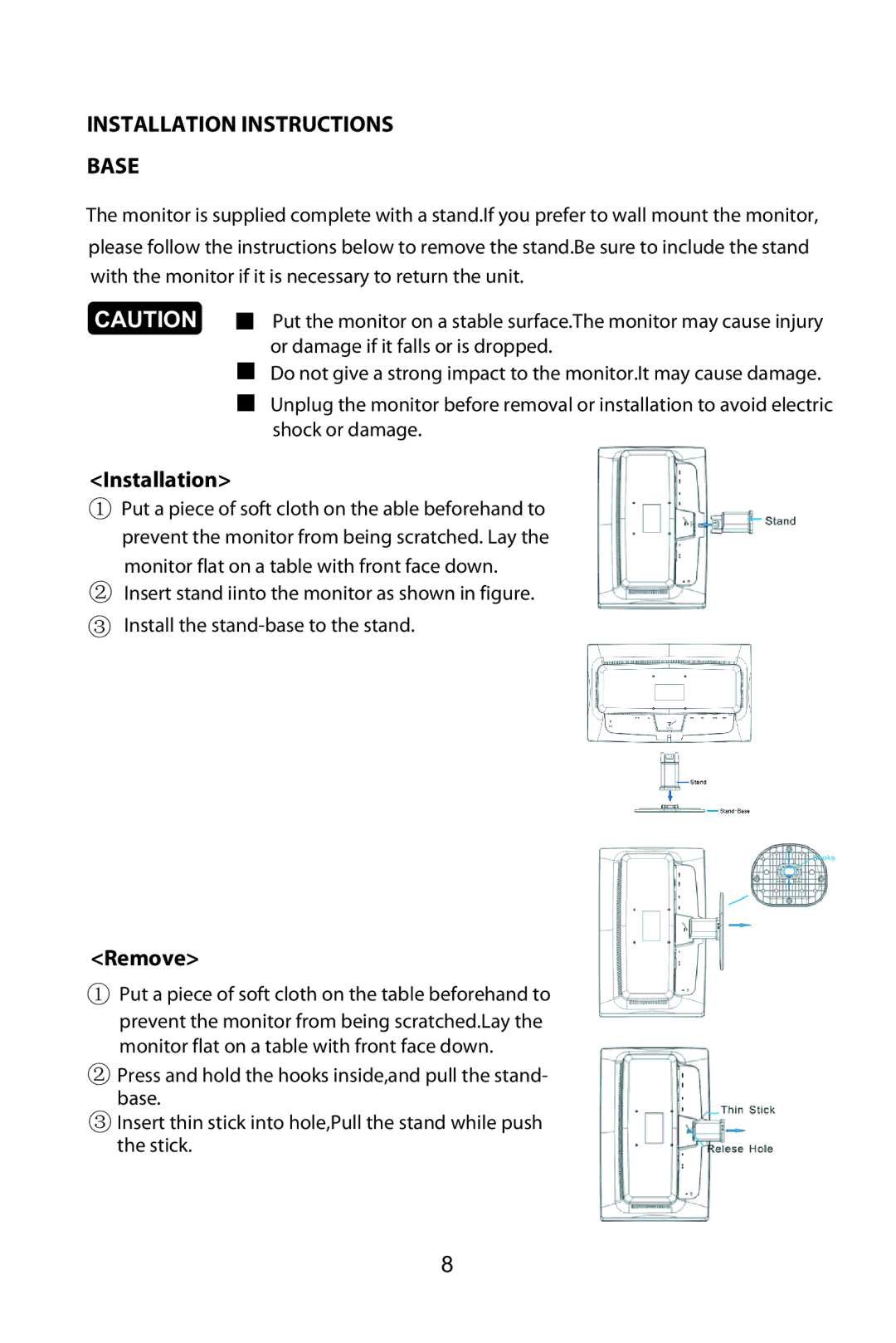 Planar PX2210MW manual Installation Instructions Base, Remove 