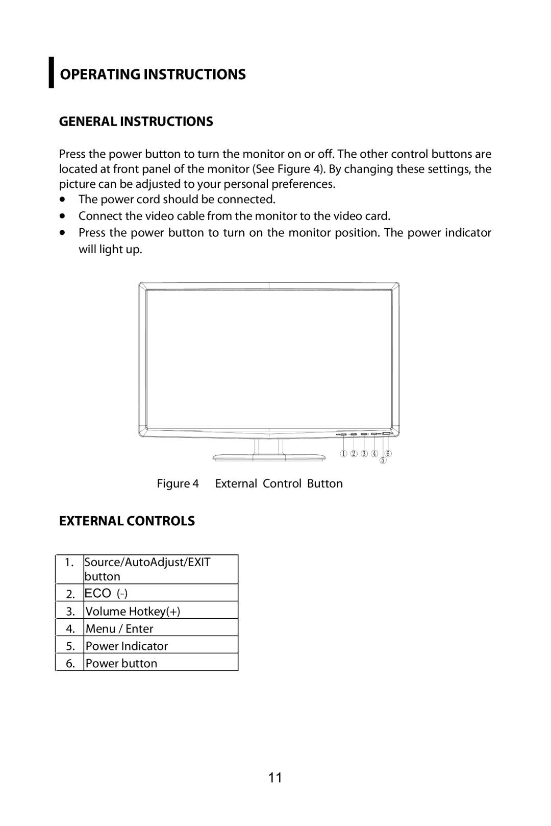 Planar PX2210MW manual General Instructions, External Controls 