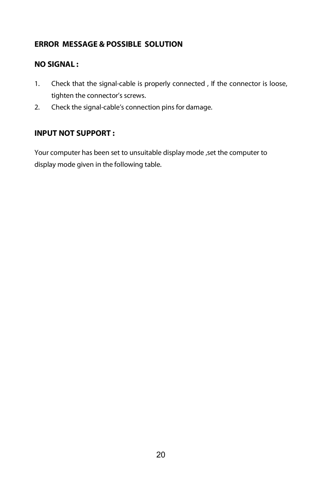 Planar PX2210MW manual Error Message & Possible Solution No Signal, Input not Support 