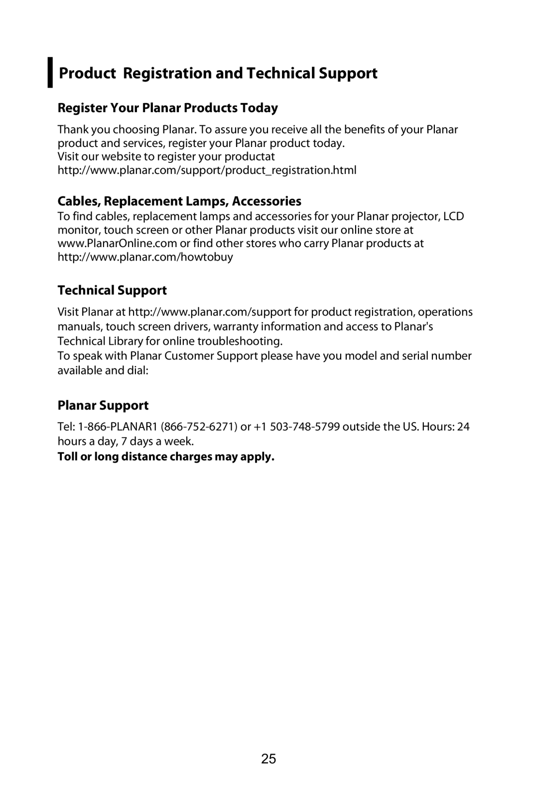 Planar PX2210MW manual Register Your Planar Products Today, Cables, Replacement Lamps, Accessories Technical Support 