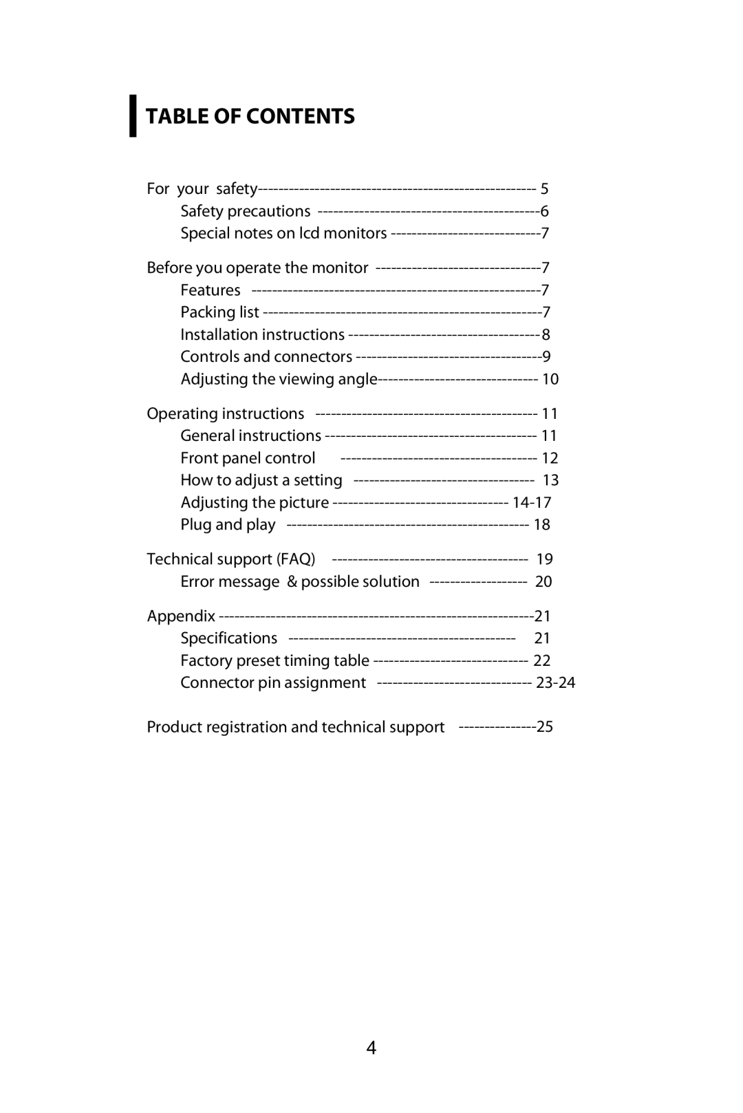 Planar PX2210MW manual Table of Contents 