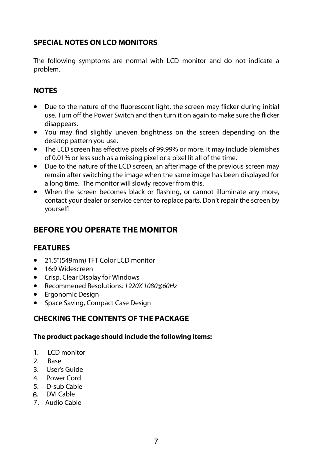 Planar PX2210MW manual Special Notes on LCD Monitors, Features, Checking the Contents of the Package 