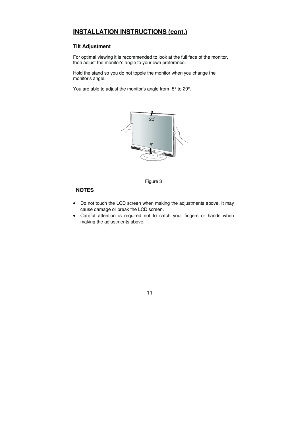 Planar PX2210MW manual INSTALLATION INSTRUCTIONS cont, Tilt Adjustment 