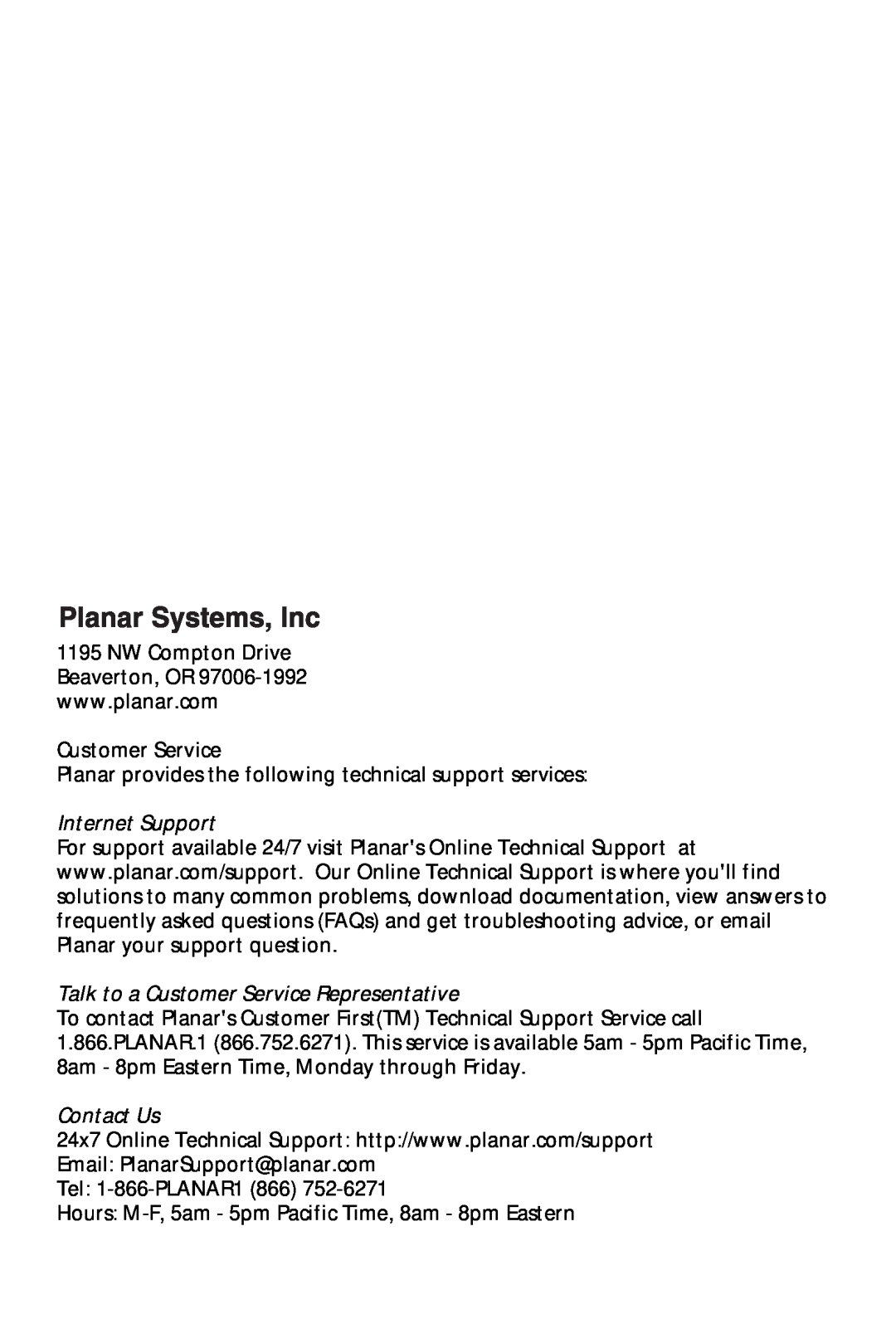 Planar PX2210MW manual Internet Support, Talk to a Customer Service Representative, Contact Us 