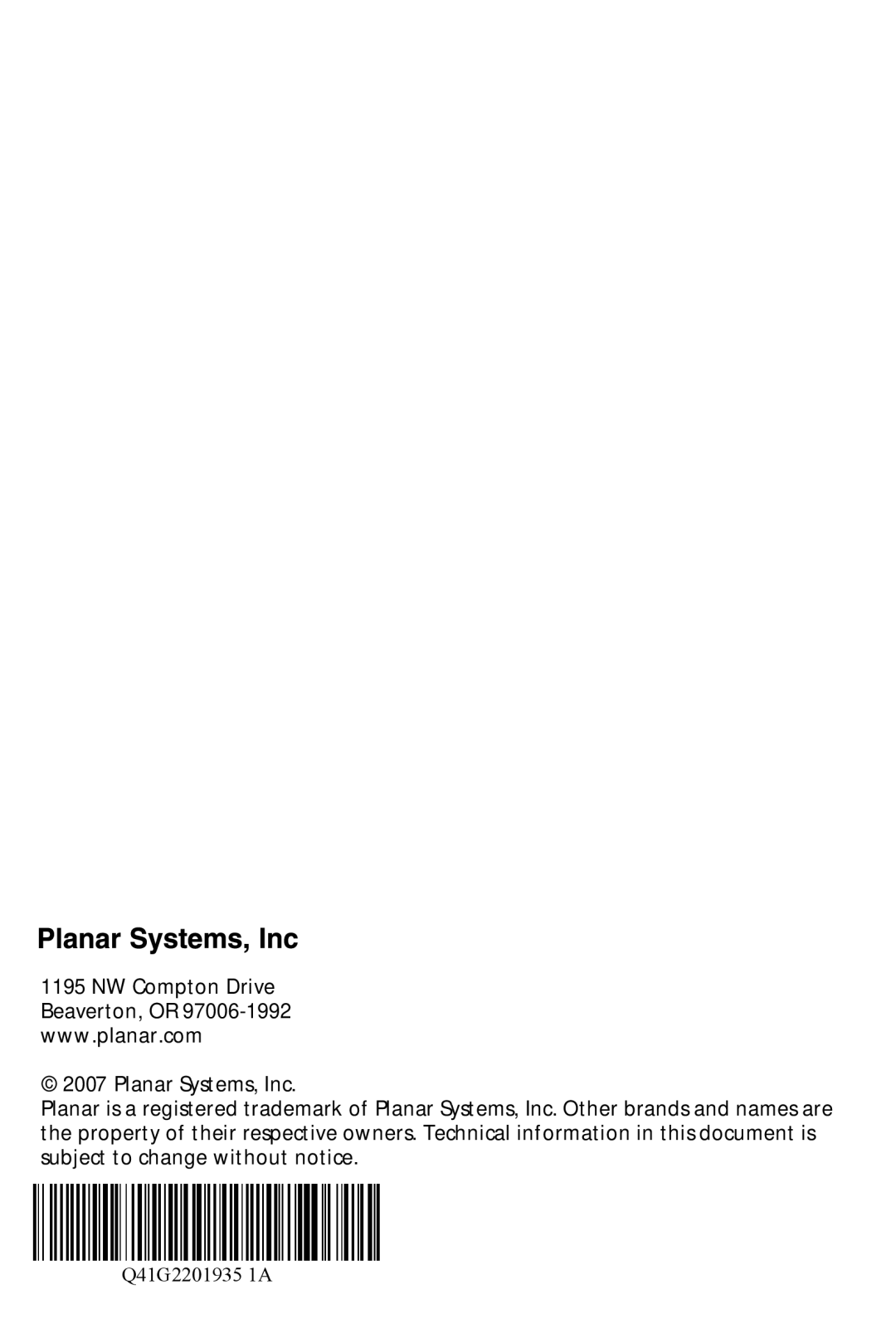 Planar PX2210MW manual Planar Systems, Inc, Q41G2201935 1A 