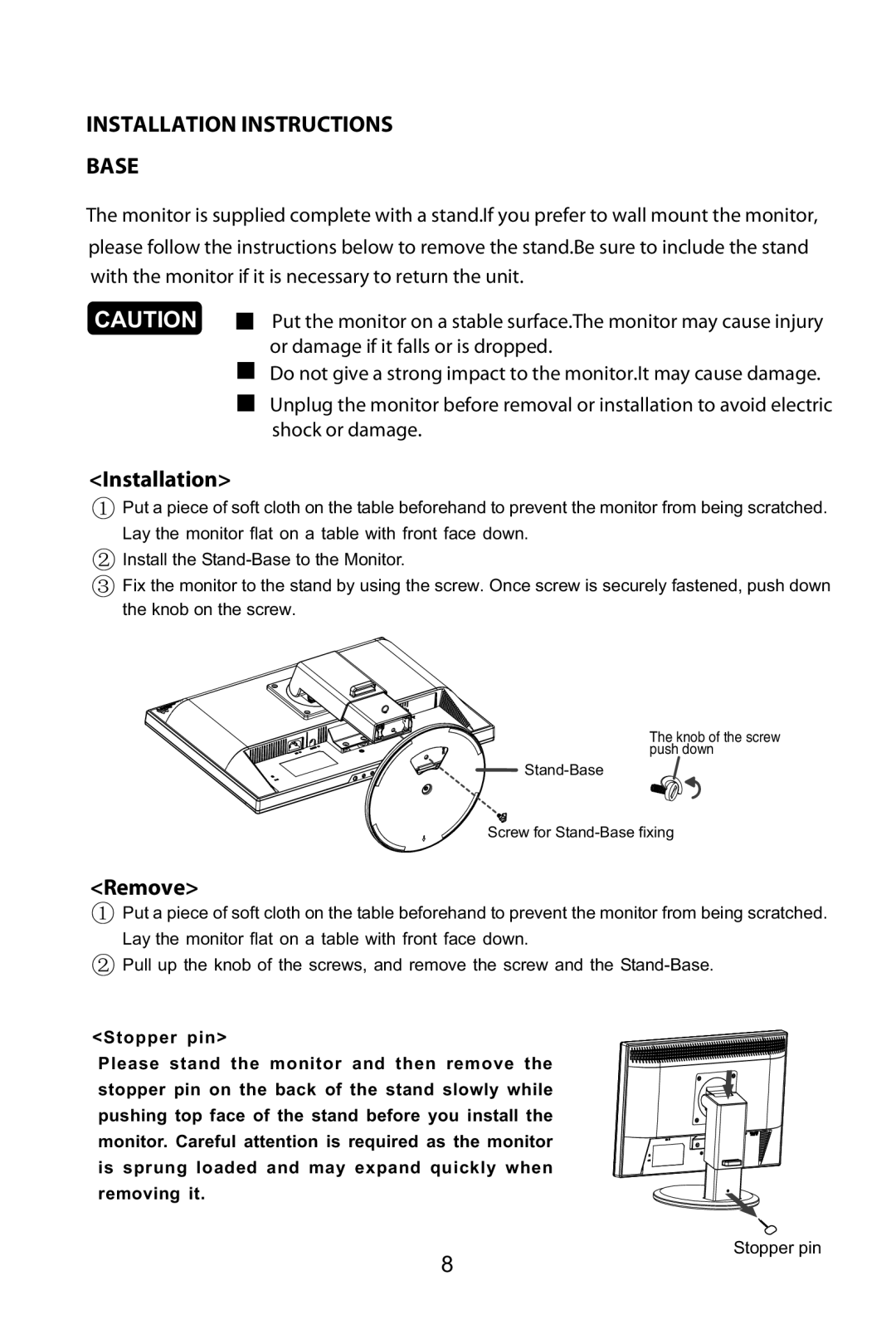 Planar PX2211 MW manual Installation Instructions Base, Remove 