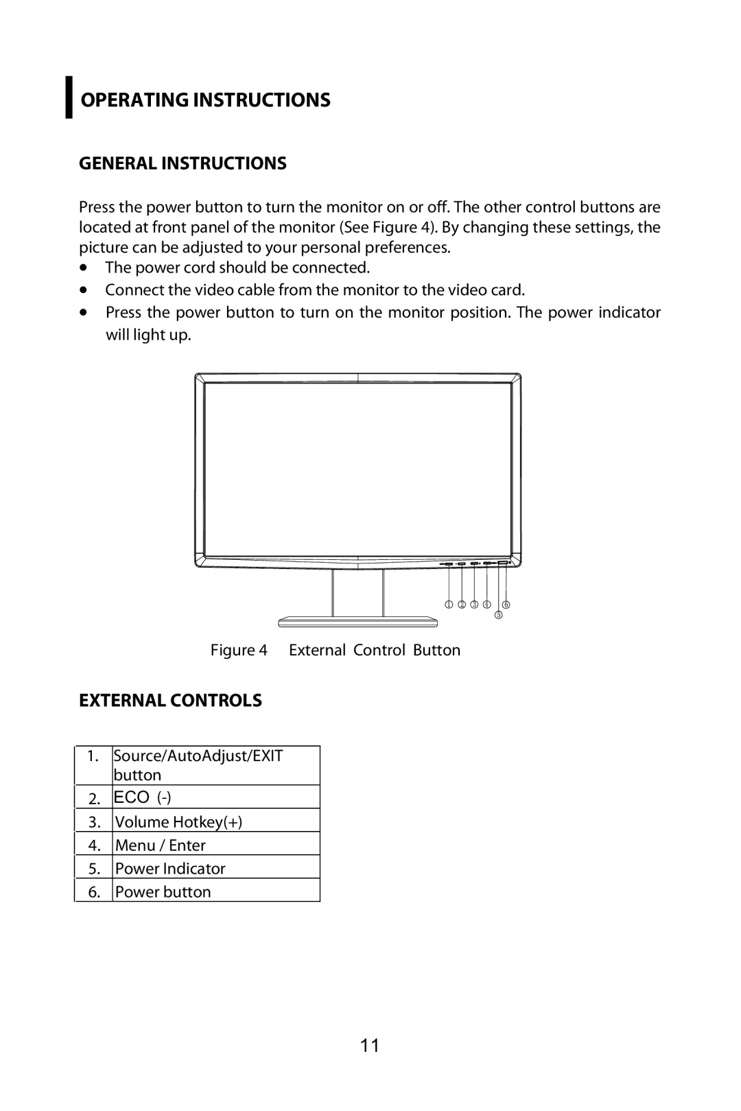 Planar PX2211 MW manual General Instructions, External Controls 