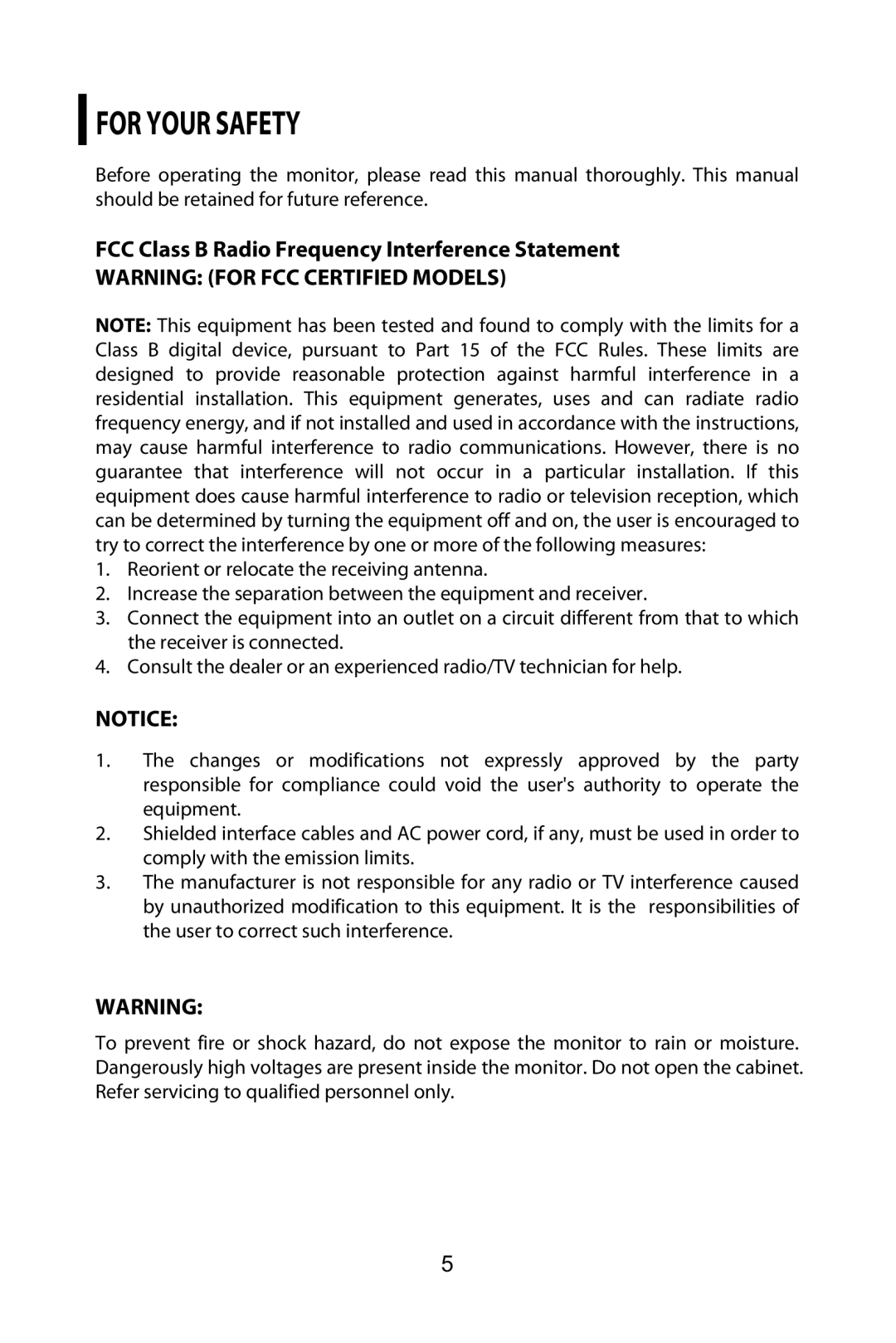 Planar PX2211 MW manual For Your Safety, FCC Class B Radio Frequency Interference Statement 