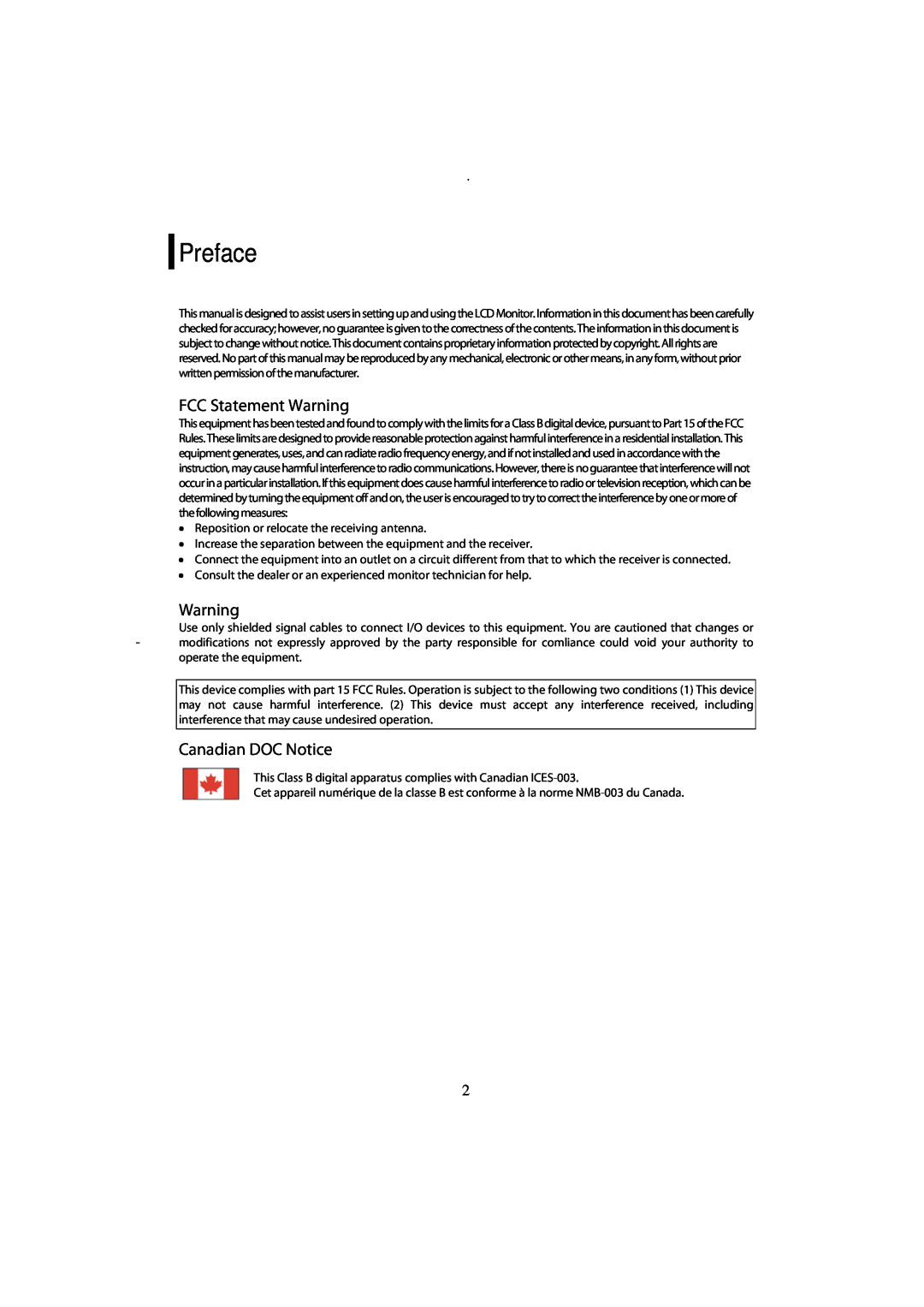 Planar PX2211MW manual Preface, FCC Statement Warning, Canadian DOC Notice 