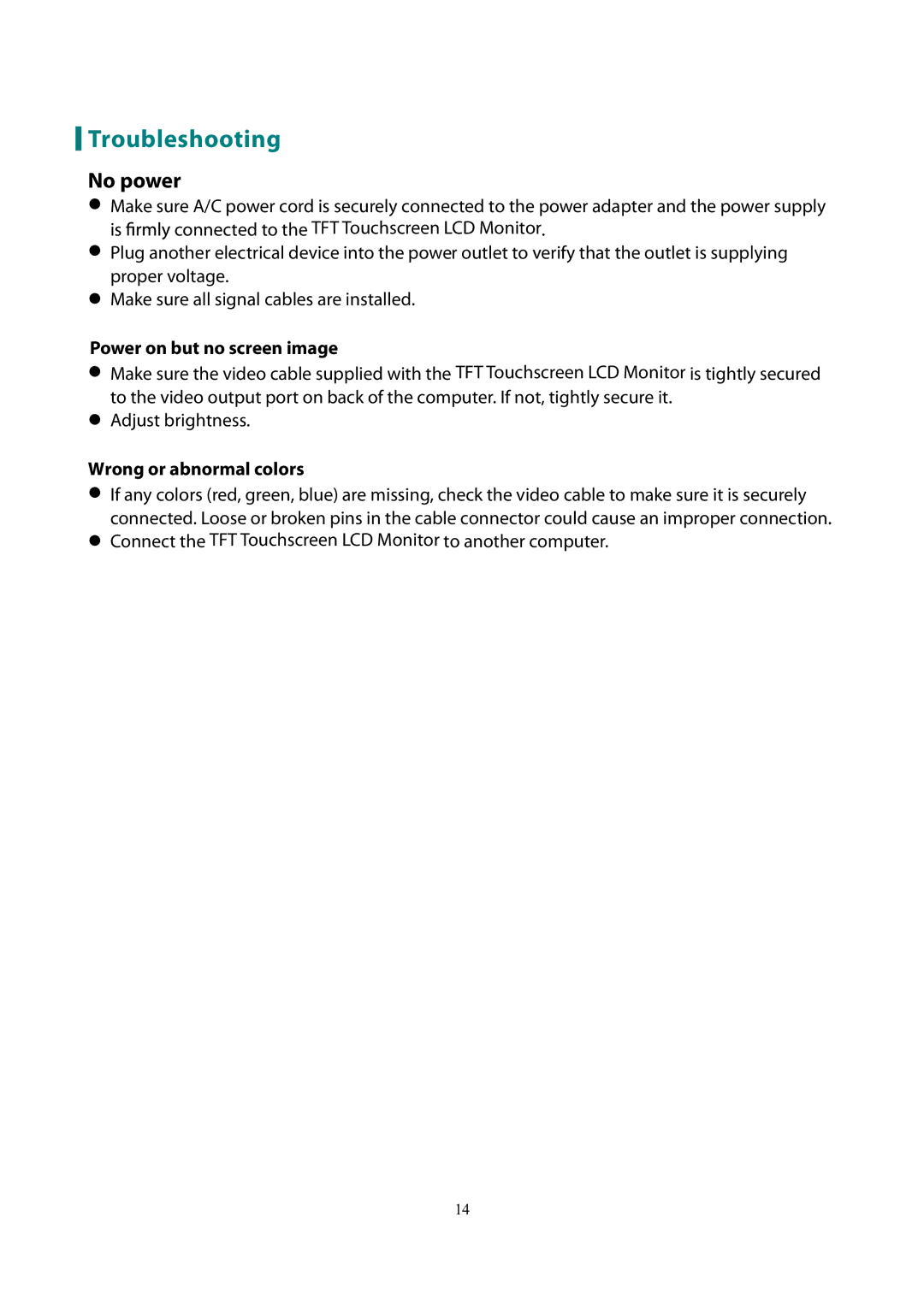 Planar PX2230MW manual Troubleshooting, No power, Power on but no screen image, Wrong or abnormal colors 