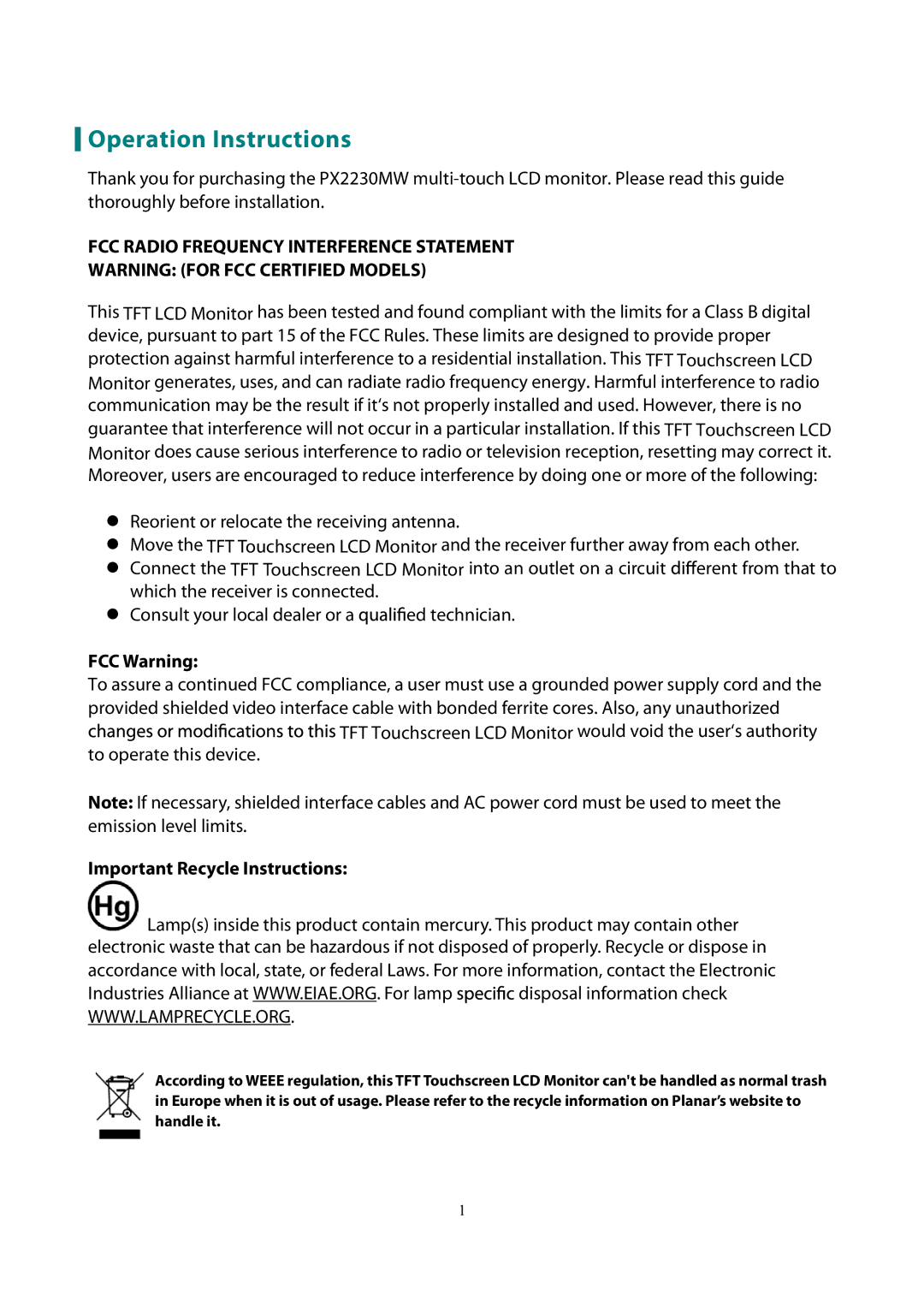 Planar PX2230MW manual Operation Instructions, FCC Warning, Important Recycle Instructions 