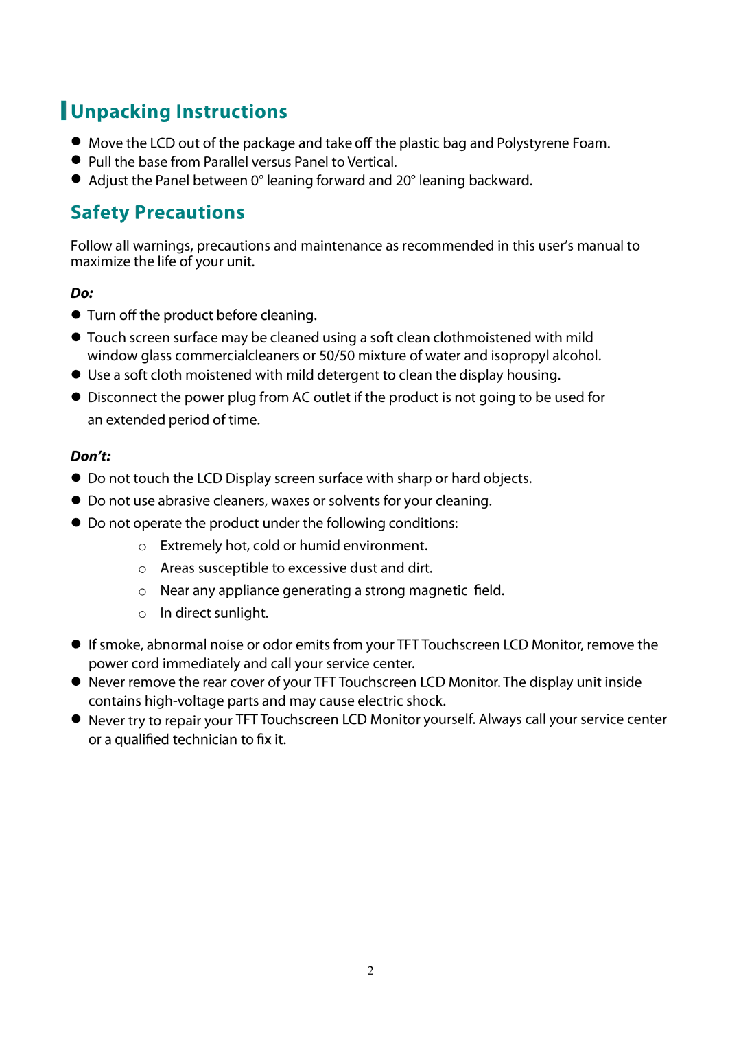 Planar PX2230MW manual Unpacking Instructions, Safety Precautions 